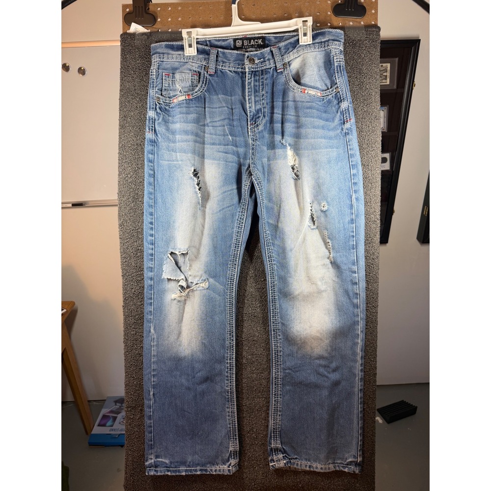 Black Premium Bootcut Jeans Mens 34x30 Blue Distressed Embroidered Flap Pocket
